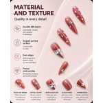 Dusty‑Red Almond Press‑On Nails, Luxury False Nails with White Polka Dots, Metal Flowers & Big Rhinestones